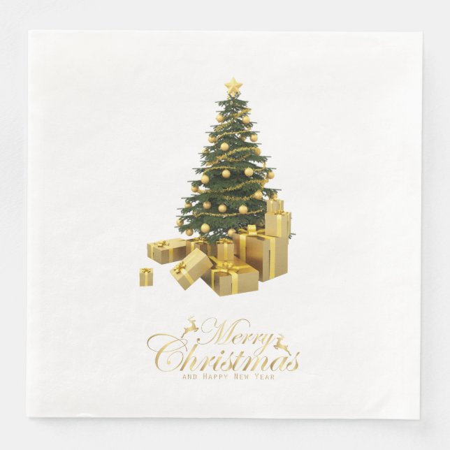 Guardanapo De Papel De Jantar Árvore de Natal com Enfeites Dourados e Presentes (Frente)