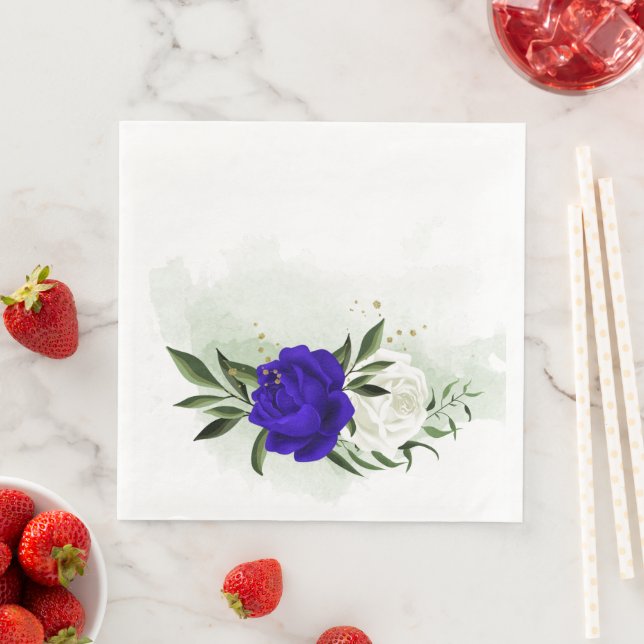 Guardanapo De Papel De Jantar azul real & flores brancas folhagens (Insitu)