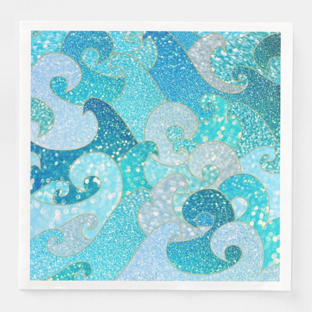Guardanapo De Papel De Jantar Azul Sereia Faux Glitter Sea- Teal Dourado Oceano (Frente)