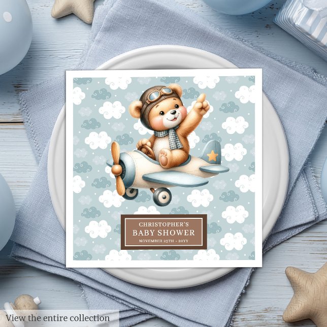 Guardanapo De Papel De Jantar Baby Boy Chá Napkins Teddy Bear Pilot Design (Baby Boy Shower Napkins Teddy Bear Pilot Design)