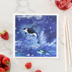 Guardanapo De Papel De Jantar Baleias Assassinas na Lua Cheia Napkins Noite Azul