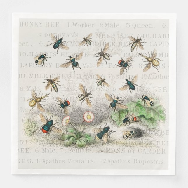 Guardanapo De Papel De Jantar Bee Honey Queen Bees Antique (Frente)