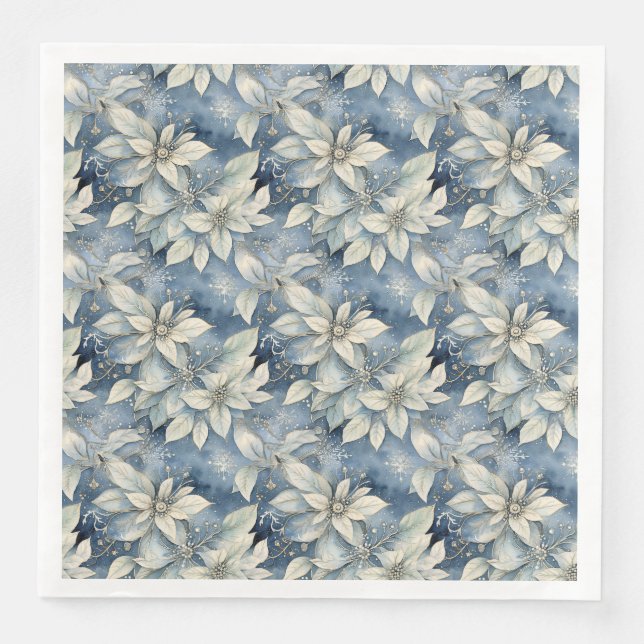 Guardanapo De Papel De Jantar Blue Poinsettia Elegance Silver e Blue Winter (Frente)
