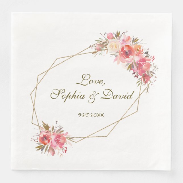 Guardanapo De Papel De Jantar Blush Floral Dourado Frame Casamento (Frente)