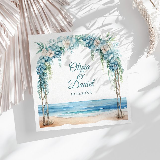 Guardanapo De Papel De Jantar Boho Blue Floral Arch Beach Weding (Boho Blue Floral Arch Beach Wedding Paper Dinner Napkins on a sunny table with boho dry flowers)
