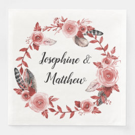 Guardanapo De Papel De Jantar Boho Feather Burgundy Rosa Watercolor Wreath