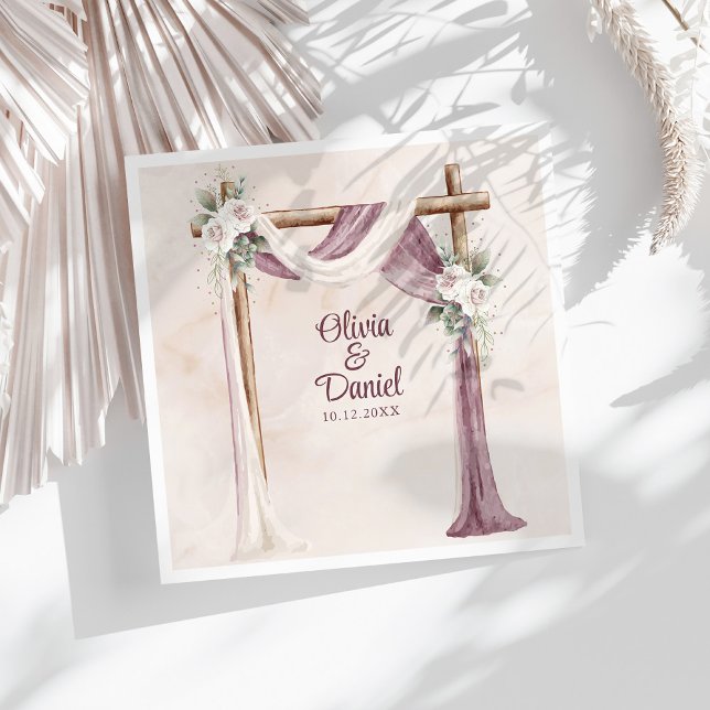 Guardanapo De Papel De Jantar Boho Purple Floral Canopy Weding (Boho Purple Floral Canopy Wedding Paper Dinner Napkins on a sunny white table.)