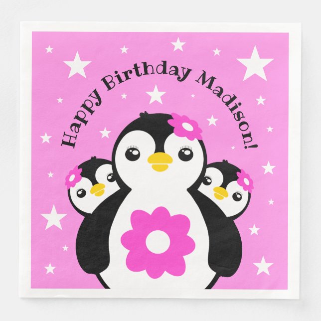 Guardanapo De Papel De Jantar Bonita Feliz Aniversário Rapariga Pinguins Flores  (Frente)