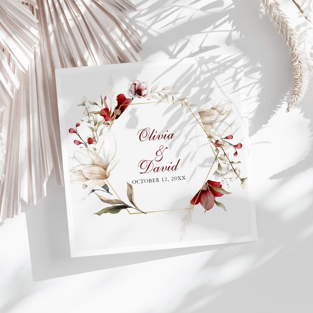 Guardanapo De Papel De Jantar Burgundy Winter Elegance Weding (Burgundy Winter Elegance Wedding Paper Dinner Napkins on a sunny white table.)