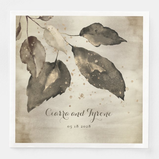 Guardanapo De Papel De Jantar Café e Champanhe Dourados Elegantes: Cinco Folhas (Frente)