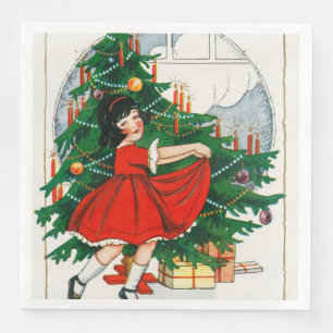 Guardanapo De Papel De Jantar Cartão postal de Natal retrô, criança e árvore de