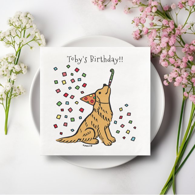 Guardanapo De Papel De Jantar Cartoon para o Ouro de aniversário (Birthday Golden Retriever Cartoon Paper Napkins for Birthday Party of Dog Lovers.  Delightful image.)