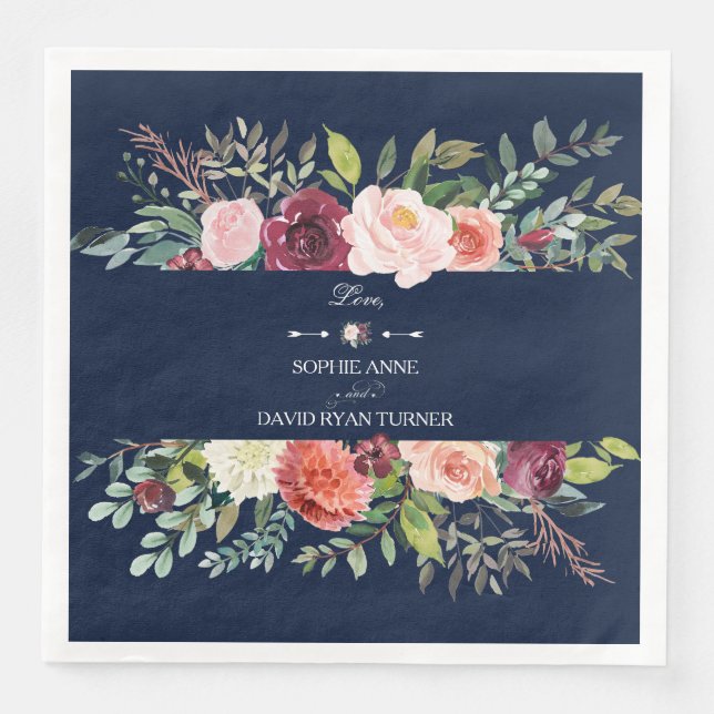 Guardanapo De Papel De Jantar Casamento Azul com Marinho Floral Flush Blush (Frente)