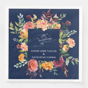 Guardanapo De Papel De Jantar Casamento Azul Escuro com Moldura Floral Escuro