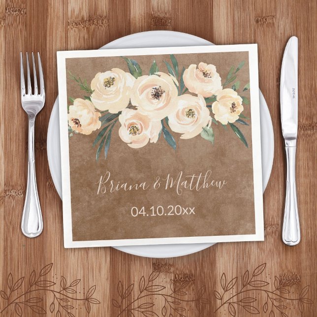 Guardanapo De Papel De Jantar Casamento Bege Marrom Floral (Criador carregado)