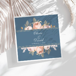 Guardanapo De Papel De Jantar Casamento Boho Azul e Peônias Rosadas