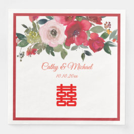 Guardanapo De Papel De Jantar Casamento chinês moderno floral aquarela rosa verm