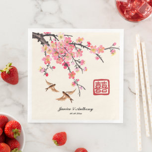 Guardanapo De Papel De Jantar Casamento de flores e aves pintadas em chinês