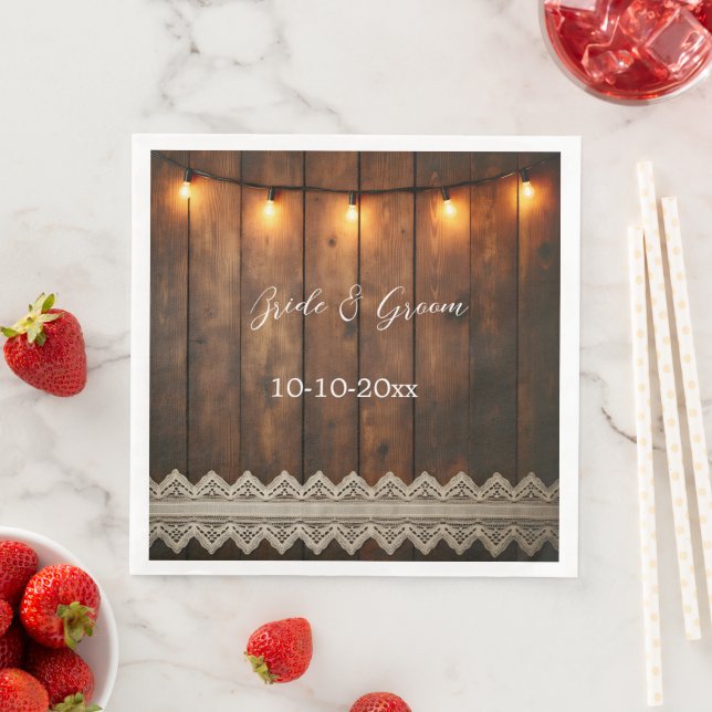 Guardanapo De Papel De Jantar Casamento de Madeira Rústica e Renda (Insitu)