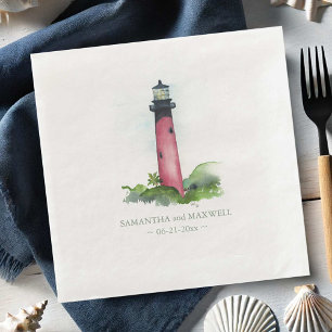 Guardanapo De Papel De Jantar Casamento de Praia do Farol Vermelho de Watercolor