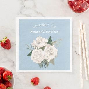 Guardanapo De Papel De Jantar Casamento de Rosas Brancas e Azuis em Pó Elegante