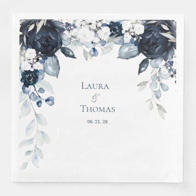 Guardanapo De Papel De Jantar Casamento Elegante de Jardim Azul e Branco com mar (Frente)