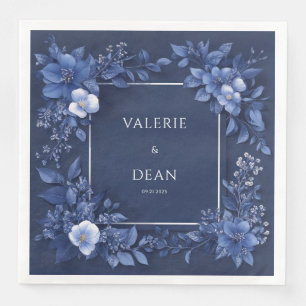 Guardanapo De Papel De Jantar Casamento Monocromático Azul Marinho com Florais B