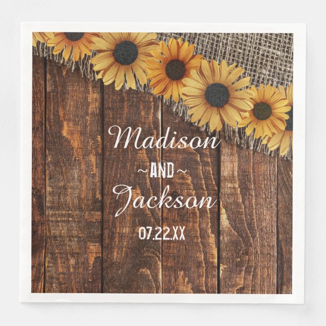 Guardanapo De Papel De Jantar Casamento Rustic Wood & Burlap Sunflower Watercolo (Frente)