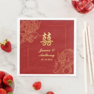 Guardanapo De Papel De Jantar Casamento Tradicional Chinês Vermelho Dragão Fênix