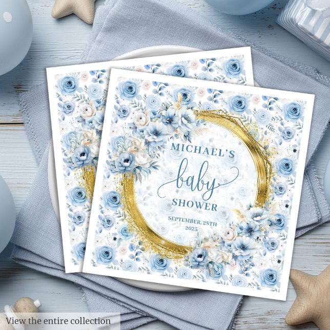 Guardanapo De Papel De Jantar chá de fraldas na moda pastel azul rosa dourado (Stylish pastel blue roses gold boy baby shower Paper Dinner Napkins )