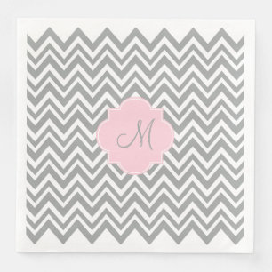 Guardanapo De Papel De Jantar Chevron cinzento e branco do monograma com rosa