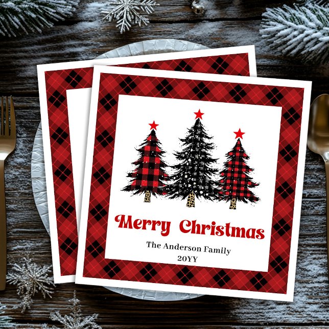Guardanapo De Papel De Jantar Chic Buffalo Plaid Tree Christmas Napkins (Chic Buffalo Plaid Tree Christmas Napkin)