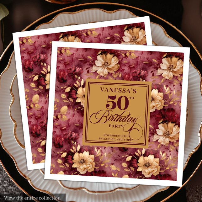 Guardanapo De Papel De Jantar Chic Marsala Blush Douradas Flores 50º Aniversário (Chic Marsala Blush Gold Flowers 50th Birthday Paper Dinner Napkins)