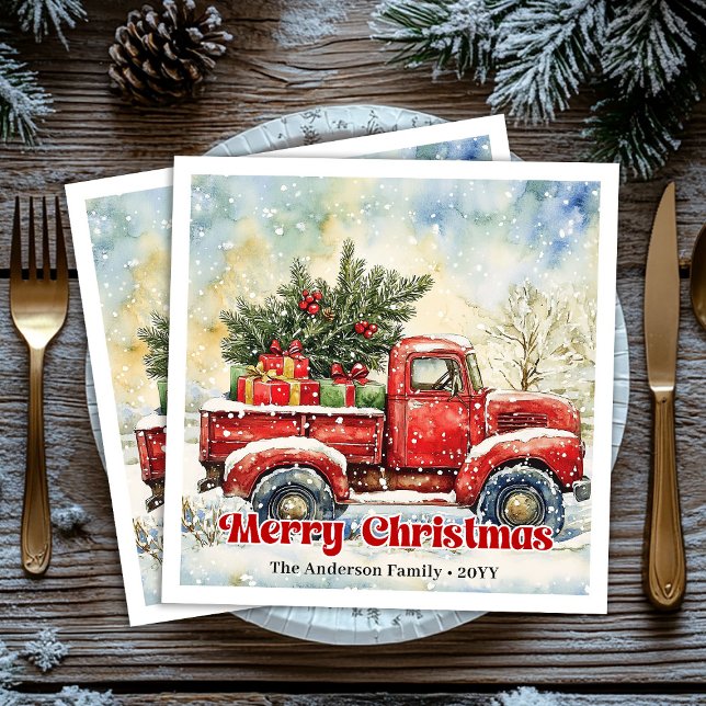 Guardanapo De Papel De Jantar Chic red truck Christmas scene holiday napkins set (Chic red truck Christmas scene holiday napkins set)