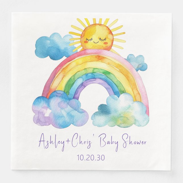 Guardanapo De Papel De Jantar Chuva de Bebê Arco-Íris em Aquarela (Frente)