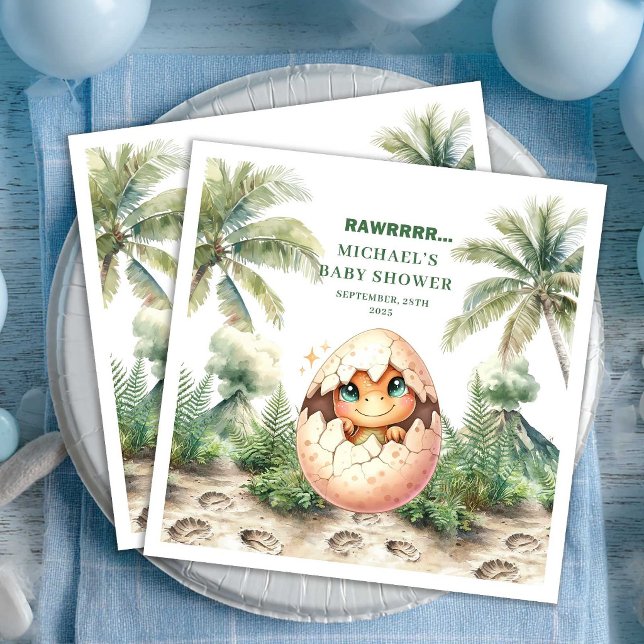 Guardanapo De Papel De Jantar Chuva de Bênçãos de Bebê Dinossauro Azul Adorável  (Adorable Blue Dino Baby Shower Hatching Soon Name Napkins)