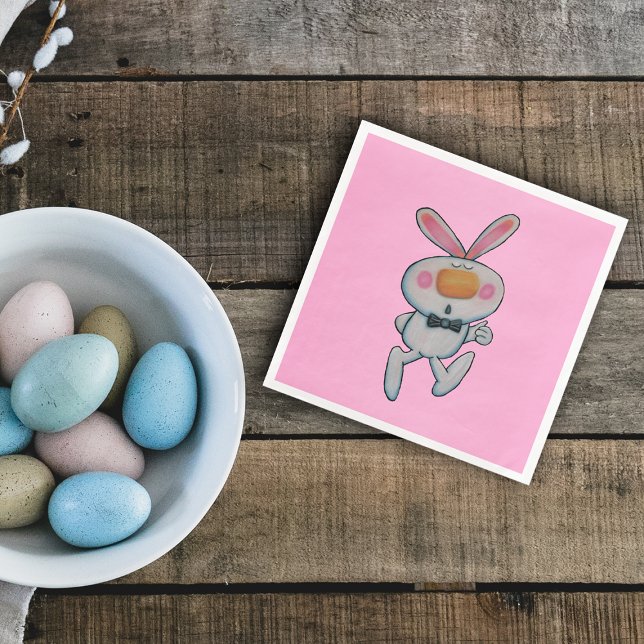 Guardanapo De Papel De Jantar Coelhinho Branco Brilhante Dói Nariz Laranja A Ros (Thumbs up cute white rabbit orange nose bow tie on bright pink paper party napkin.)