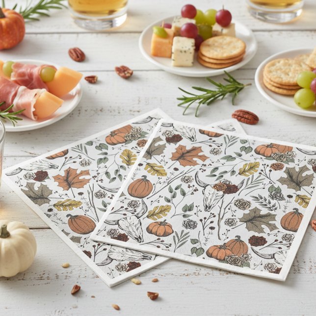 Guardanapo De Papel De Jantar Colheita de Cobra de Ação de Graças (Elegant Light Gray Fall Cow Skulls Thanksgiving Paper Napkins. Unique Rustic Pumpkins, Autumn Leaves)