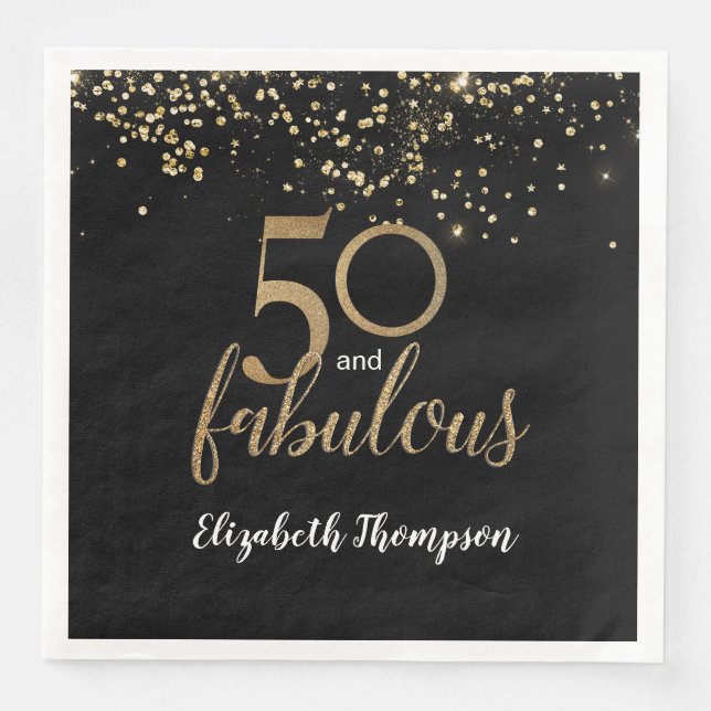 Guardanapo De Papel De Jantar Confetti Dourado Negro 50 e fabuloso aniversário d (Frente)