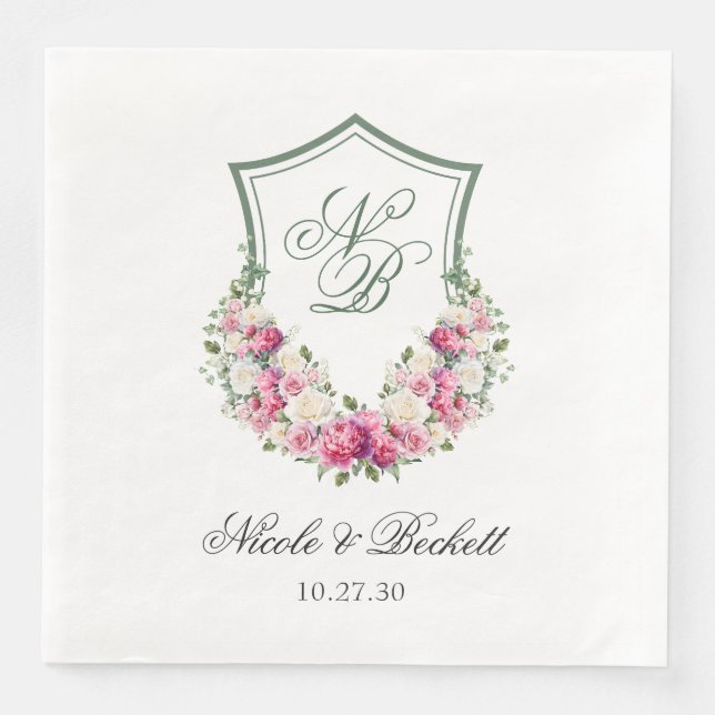 Guardanapo De Papel De Jantar Crest Floral Rosa Casamento (Frente)