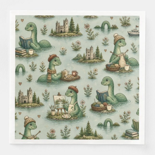 Guardanapo De Papel De Jantar Criptídeos Aconchegantes Nessie Monstro do Lago Ne (Frente)