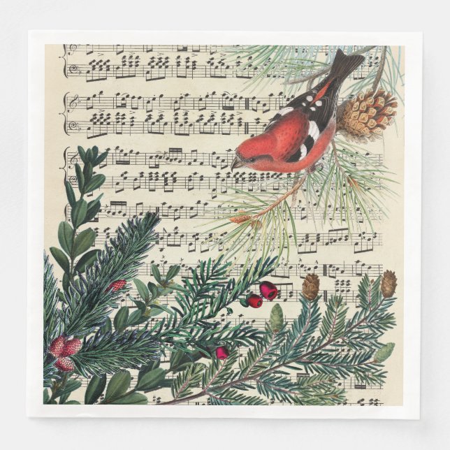 Guardanapo De Papel De Jantar Crossbill com partituras musicais e galhos de pinh (Frente)