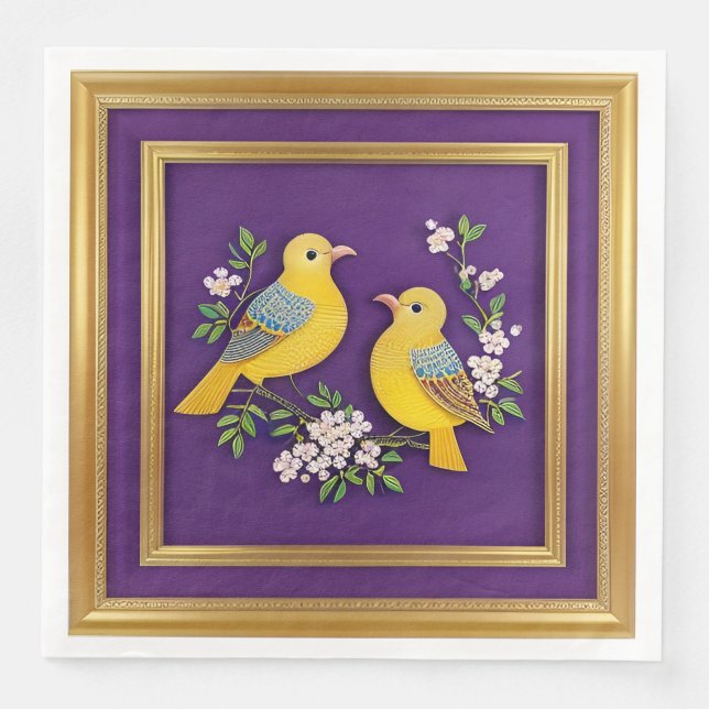 Guardanapo De Papel De Jantar Duas Pássaros no Quadro Dourado Ornamentado (Frente)