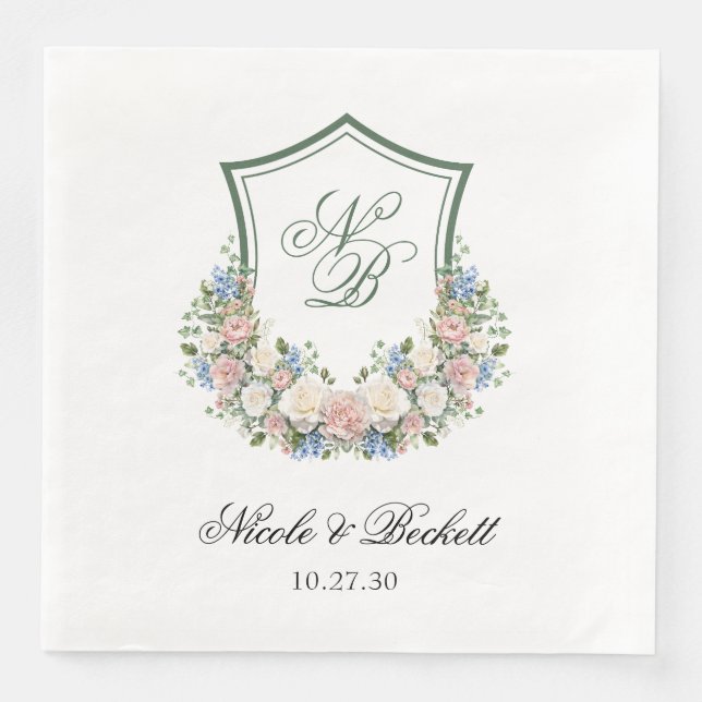 Guardanapo De Papel De Jantar Dusty Blue Floral Crest Casamento (Frente)
