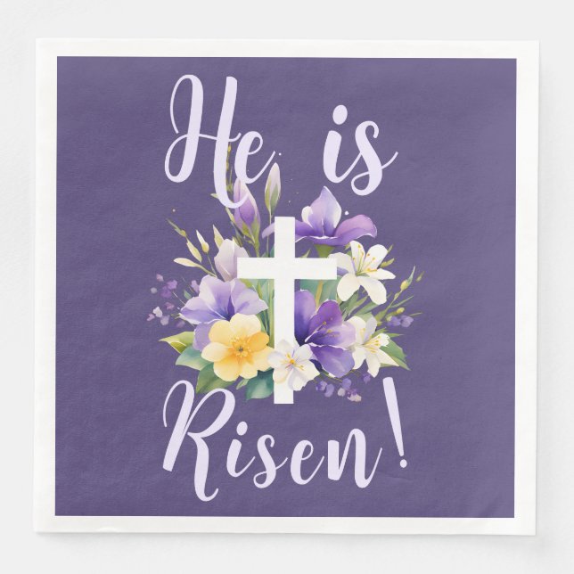 Guardanapo De Papel De Jantar Ele é Risen! Páscoa Religiosa Floral Roxa (Frente)