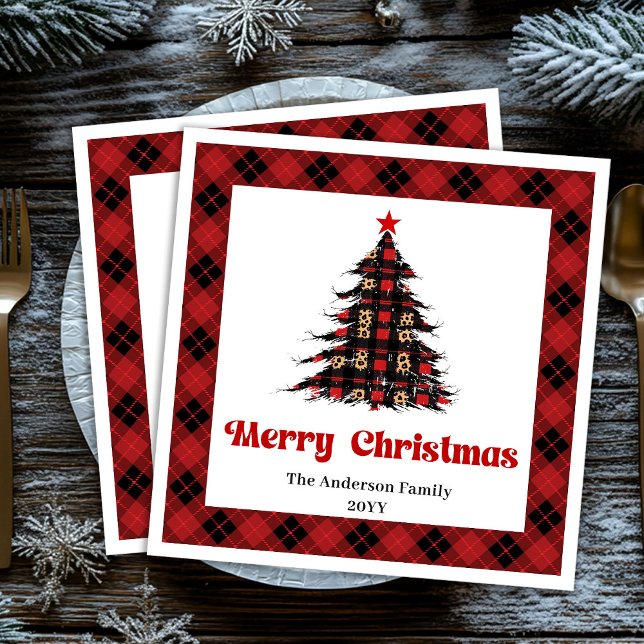 Guardanapo De Papel De Jantar Elegant Red Black Plaid Tree Napkin Editable (Elegant Red Black Plaid Tree Napkin Editable)