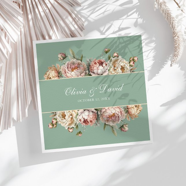 Guardanapo De Papel De Jantar Elegante Blush Dusty Rosa Pêonias Pastel Sage (Elegant Blush Dusty Rose Peonies Pastel Sage Paper Dinner Napkins on a sunny boho white table.)