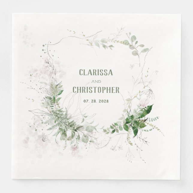 Guardanapo De Papel De Jantar Elegante Wispy Blush & Greenery Wreath (Frente)