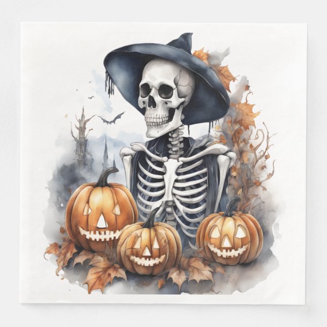 Guardanapo De Papel De Jantar Esqueleto de Aquarela Halloween Elegante (Frente)
