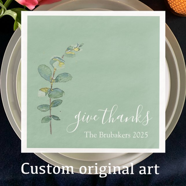 Guardanapo De Papel De Jantar Eucalyptus Boho Obrigados de Ação de Graças (Decorate your Thanksgiving table with my original eucalyptus watercolor and custom elegant script.)